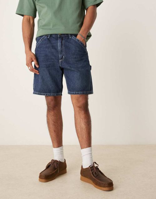 Straight fit carpenter denim shorts in mid wash-Blue