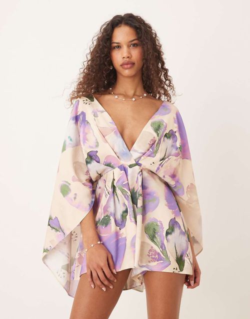 ASOS DESIGN exaggerated sleeve plunge romper in abstract floral print-Multi