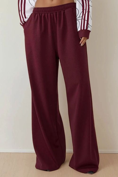 Burgundy Red Wide Leg Jersey Pants With Elastic Waist Women