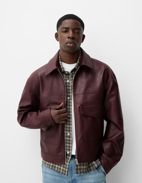 Bershka | Bershka Leather Effect Jacket Men L Burgundy | Realry