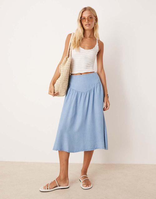 Drop waist gathered detail midi skirt in sky blue