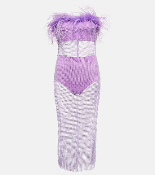 Feather-trimmed embellished midi dress