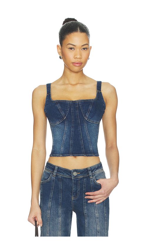OW Collection Devin Denim Top in Denim-Dark. L. Also in S