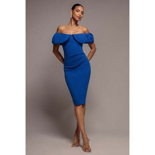Goddiva Scuba Crepe Pleated Bardot Midi Dress - Royal Blue