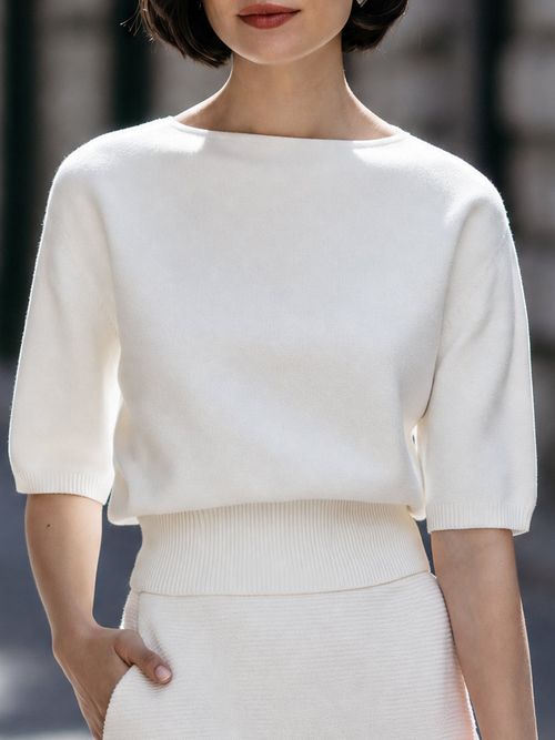 Boat Neck Ribbed Waist Knit Top - Ivory