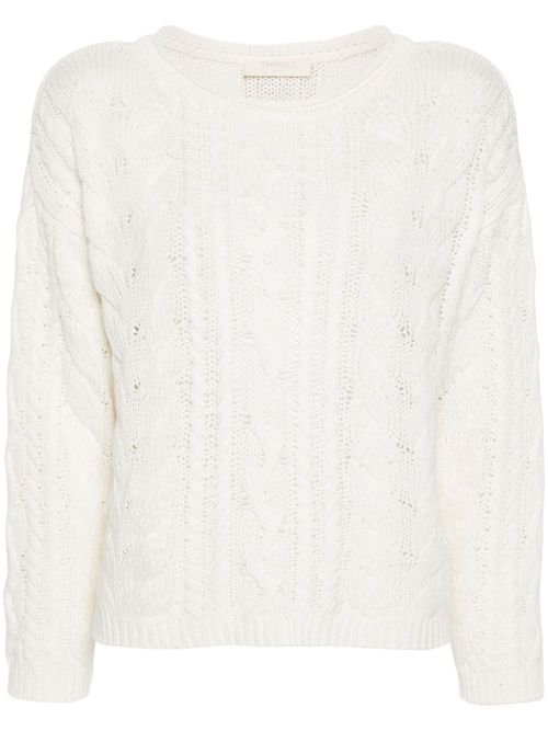 Logo-patch cable-knit jumper - White