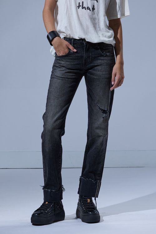R13 Cuffed Boy Straight - Cinder Selvedge Black