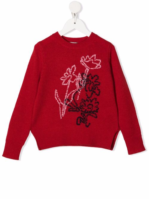 Floral-embroidery wool jumper - Red