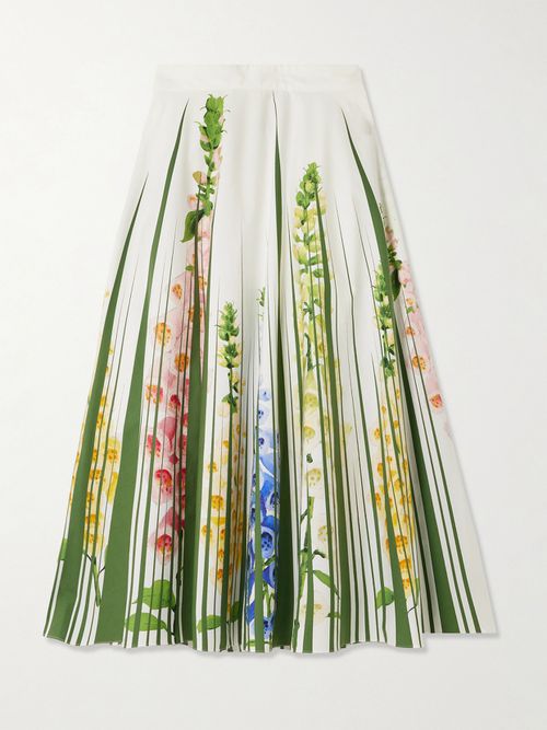 Foxgloves Floral-print Cotton-blend Poplin Midi Skirt - Green