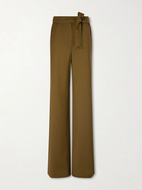 Editto Belted Wool Grain De Poudre Wide-leg Pants - Green