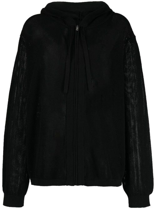 Plain crochet-knit zip-up hoodie - Black
