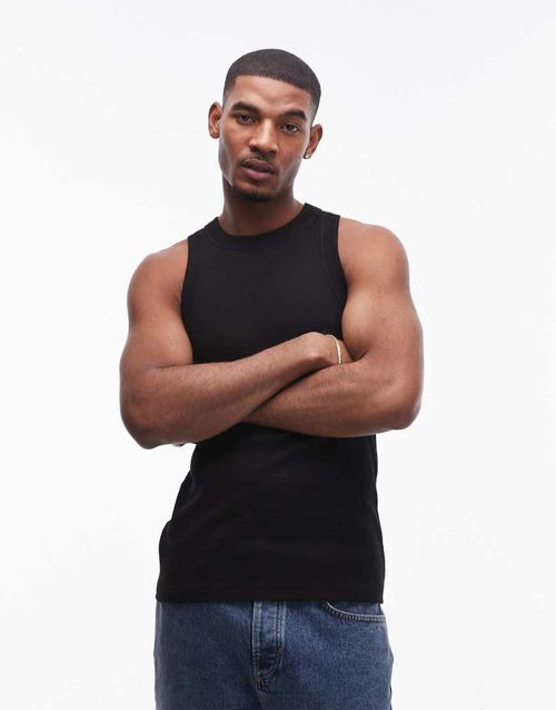 Topman fitted ribbed tank top with high neck in black