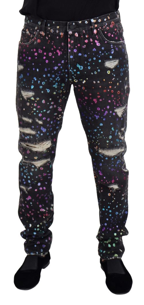 Multicolor Print Distressed Jeans — Black