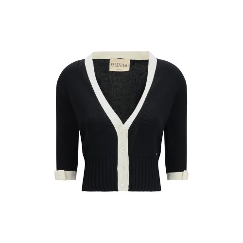 Bicolor V-Neck Cotton Cardigan — Black