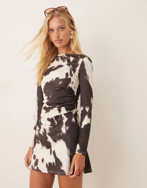 Fit and flare long sleeve mini dress in cow print-Multi