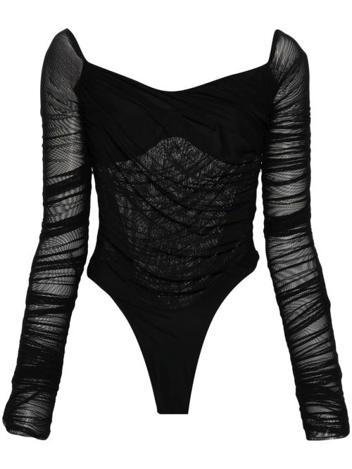 Semi-sheer ruched bodysuit - Black