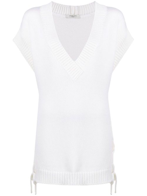 Ribbed-knit V-neck top - White