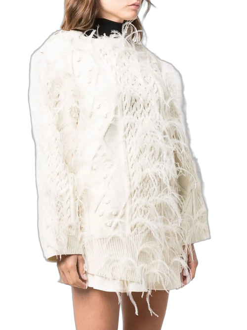 Feather-Embellished Virgin Wool Sweater — White