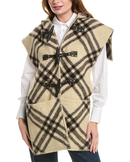 Check Wool & Leather Cape