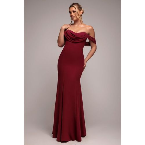 Goddiva Chiffon Bardot Cowl Neck Maxi Dress - Burgundy Red