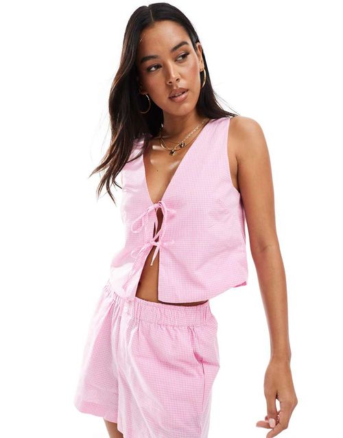 ONLY tie front top in pink gingham - part of a set