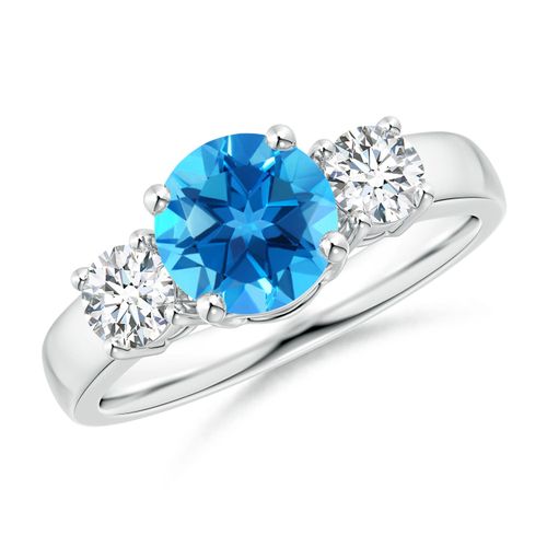 Angara 1.55 Carats Classic Round Swiss Blue Topaz and Diamond Three Stone Engagement Ring in Platinum
