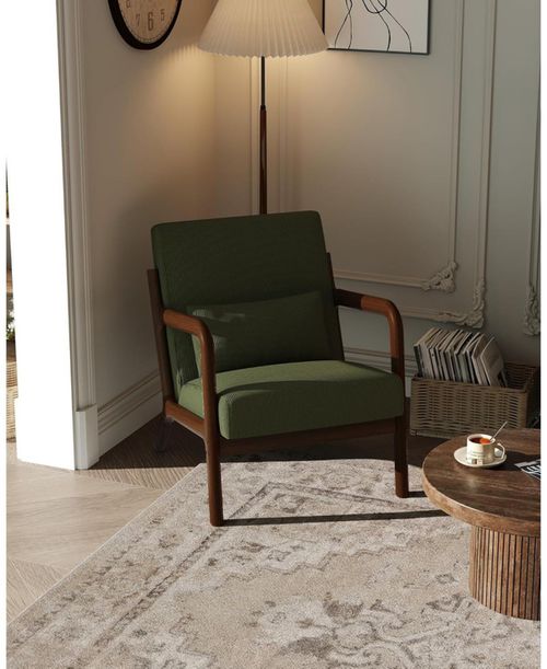 Mid-Century Modern Accent Chair,Fine Wale Corduroy Upholstery,Solid Wood Armchair with Removable Lumbar Pillow,Sturdy Reading Chair. - Green