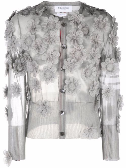 Floral-appliqué semi-sheer organza cardigan - Grey