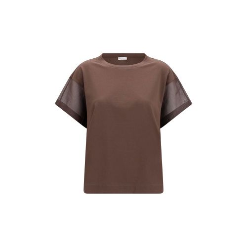 Cotton with Sheer Sleeves T-Shirt — Brown