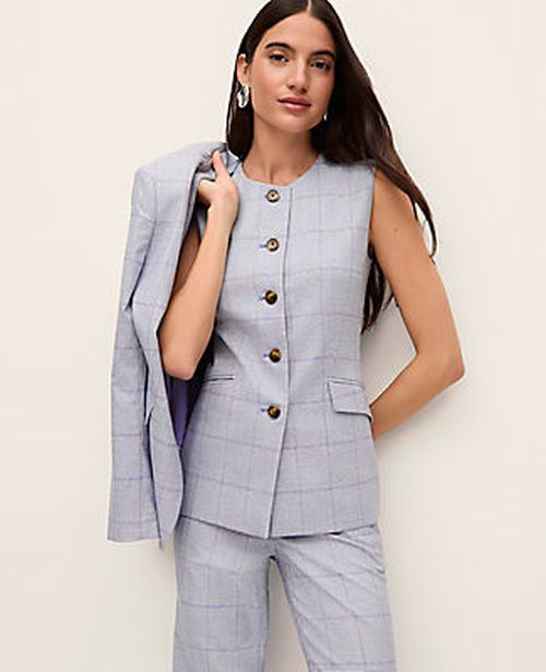 Ann Taylor The Petite Long Crew Neck Vest in Plaid