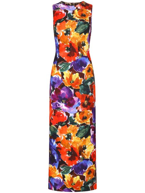 Abstract floral-print midi dress - Orange