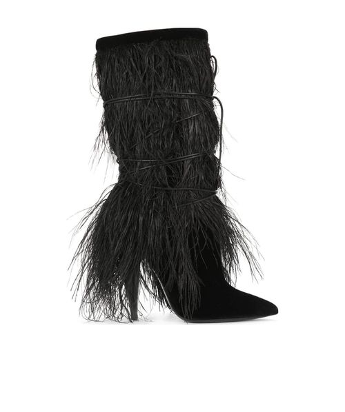 Yeti boots in velvet and feathers