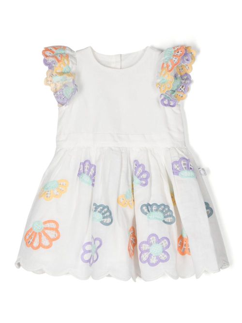 Floral-embroidery scallop-trim dress - White