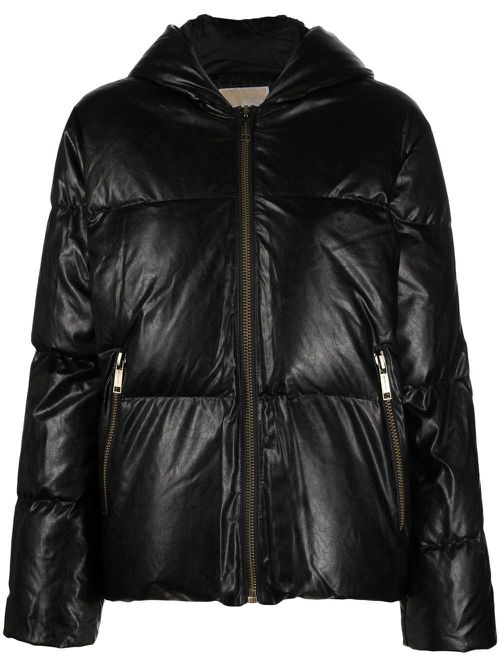 Faux-leather hooded puffer jacket - Black