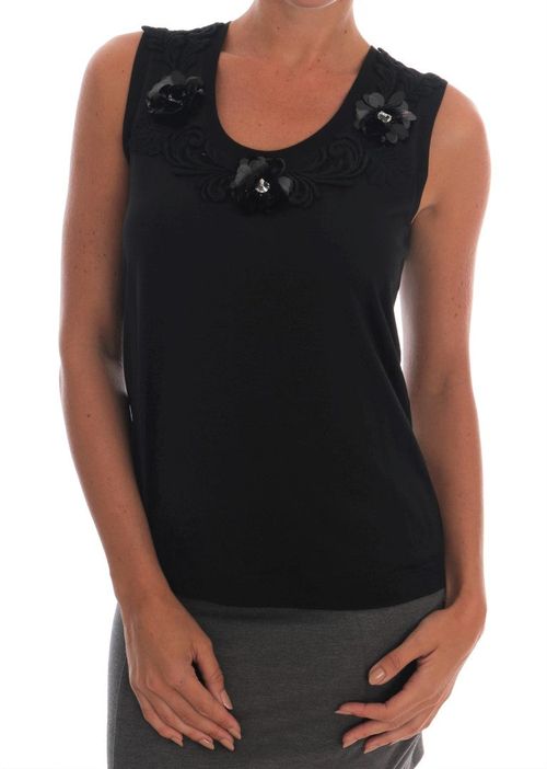 Floral Crystal-Embellished Tank Top — Black