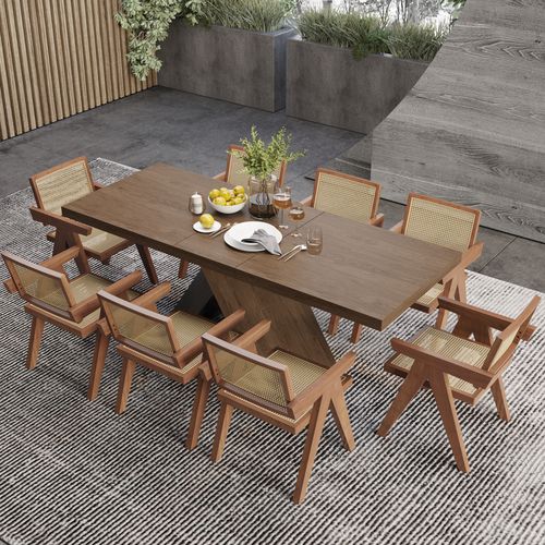 Dining Table Set 61"-79" Rectangle Extendable Dining Table & 8 Archic Japandi Rattan Dining Chairs