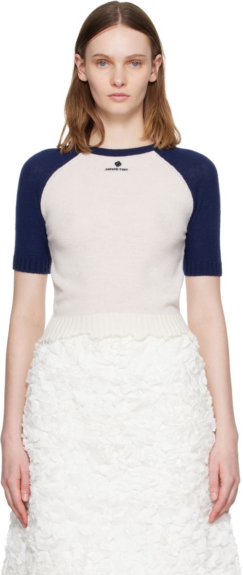 White & Navy Color-Block Raw-Edge Short-Sleeve Knit Top