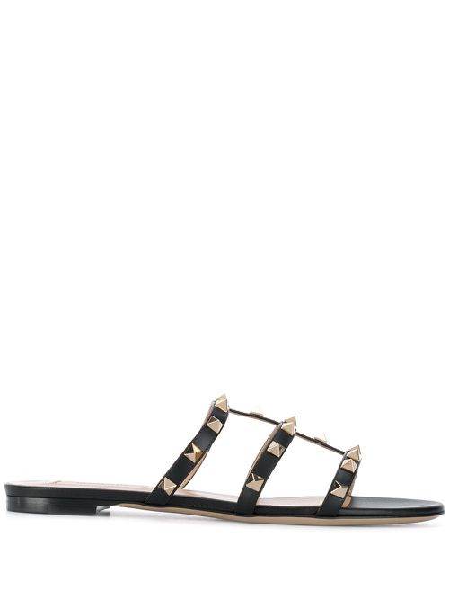 Rockstud leather flat sandals - Black