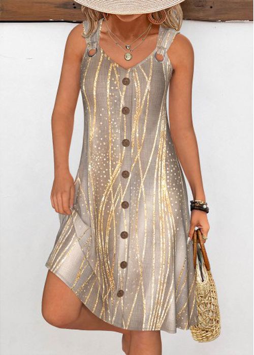 Modlily Gray Brown Tummy Coverage Dazzle Colorful Print Sleeveless Dre