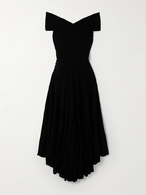 Off-the-shoulder Asymmetric Ribbed Wool Midi Dress
