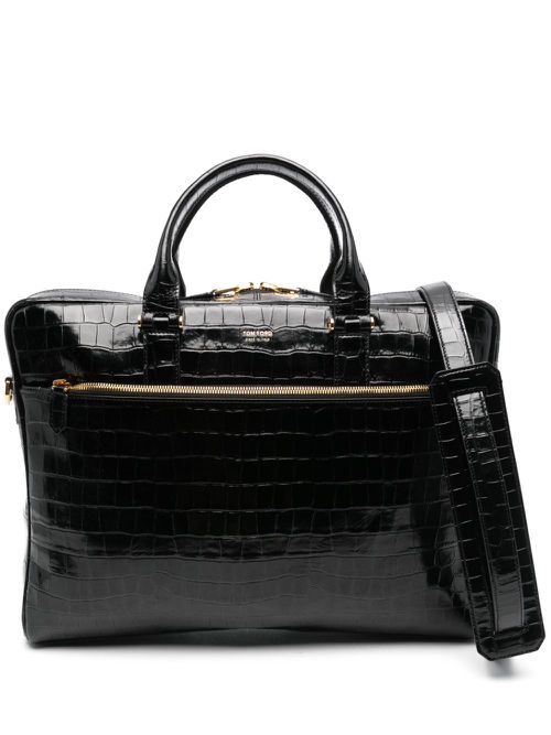 Black Crocodile-Effect Laptop Bag - Men's - Patent Leather