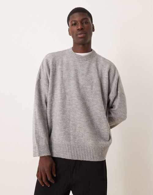 Super oversized boxy fit knitted crew neck jumper in grey marl