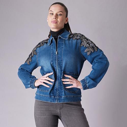 New Classic Stretch Embellished Zip Front Jacket - Blue