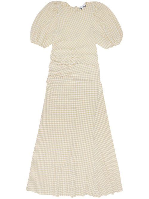 Gingham-check puff-sleeve midi dress - Neutrals