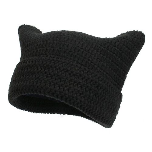Women’s Hand Knitted Striped Cat Hat – Cute Warm Winter Beanie