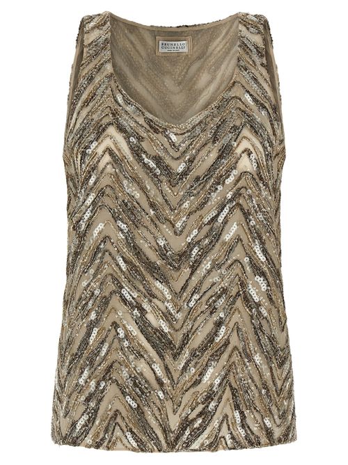 Chevron-Embroidered Silk Tank Top — Beige