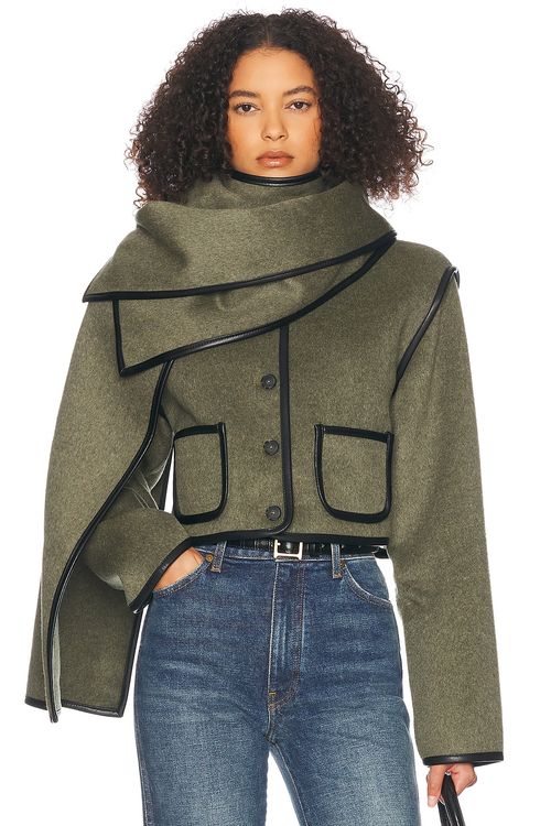 Helsa Boxy Jacket With Detachable Scarf in Olive
