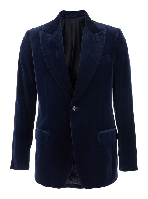 Blue Single-breasted Jacket With Pointed Lapels In Velvet Man