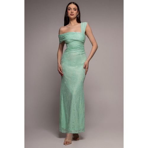 Goddiva One Shoulder Pleated Bardot Lace Maxi Dress - Mint Green