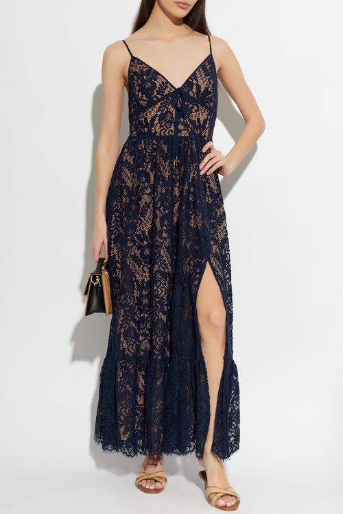 Lace Dress With Shoulder Straps, Women's, Navy Blue